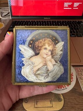 Vintage 1993 Enesco Thomas Cathey Blue Glass Angel Jewelry Box